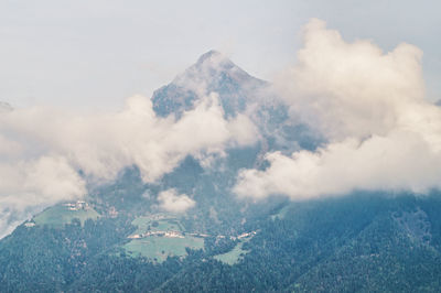 Aerial view of snowcapped mountains against sky