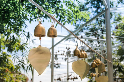 Low angle view of lighting equipment hanging on tree