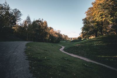 Road amidst trees against clear sky