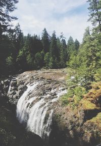 Scenic view of waterfall in forest against sky