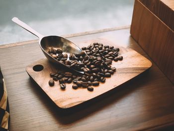 High angle view of coffee beans on table