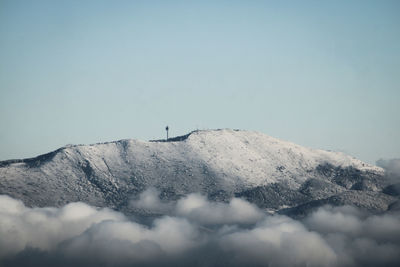 Low angle view of snowcapped mountain against clear sky