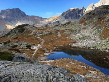 Scenic view of mountain by pond against sky