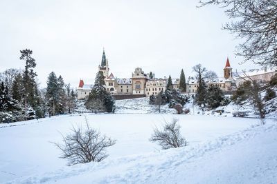 Trees and buildings against sky during winter