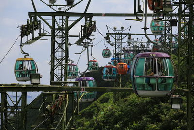 Low angle view of overhead cable car against sky