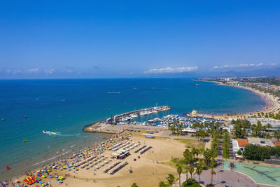 High angle view of beach against blue sky