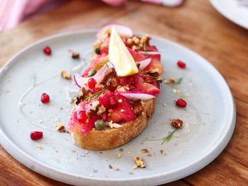 High angle view of breakfast in plate on table