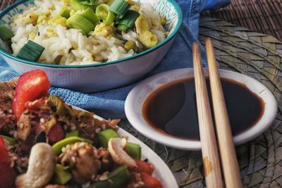 High angle view of salad in bowl on table