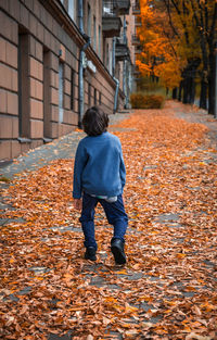 Rear view of a kid sadly walking on autumn leaves