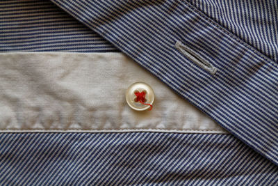 Directly above shot of button on blue striped shirt