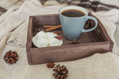 High angle view of coffee on table