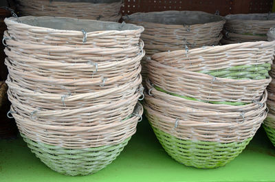 Close-up of stack of wicker basket