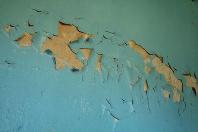 Low angle view of blue paint peeling off wall