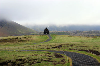 Viking statue on a foggy day
