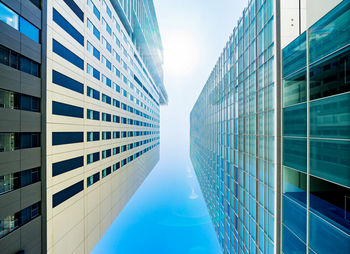 Directly below shot of modern buildings against clear sky
