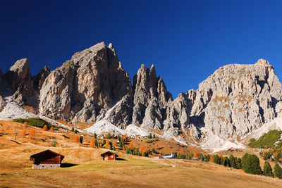 Scenic view of mountains against clear blue sky