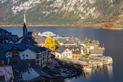 High angle view of buildings at waterfront