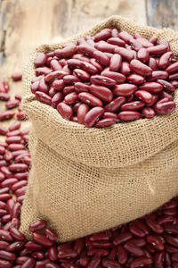 Close-up of kidney beans in sack at market