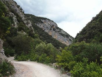 Road amidst trees and mountains against sky