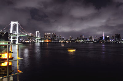 Illuminated bridge over river by buildings against sky