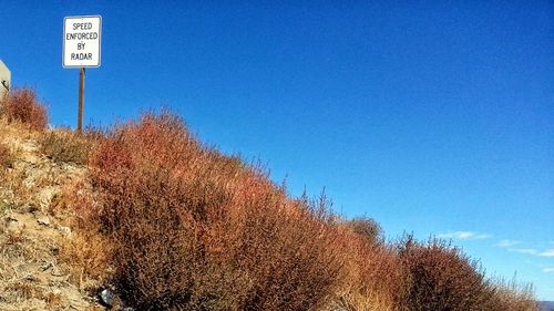 Road sign against clear blue sky