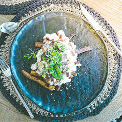 High angle view of food in bowl on table