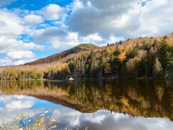 Scenic view of lake by trees against sky