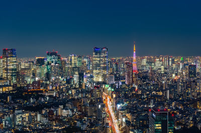 Illuminated buildings in city