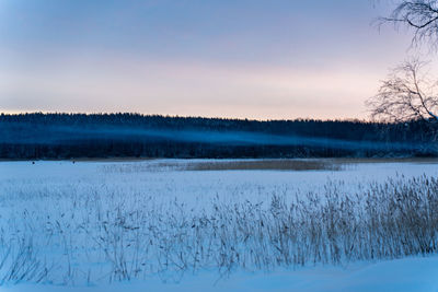 Scenic view of snow covered field against sky during sunset