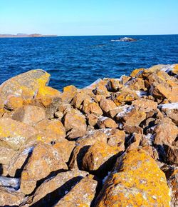 Scenic view of sea against clear blue sky