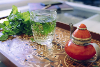 Close-up of drink served on table