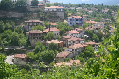 High angle view of old buildings in town