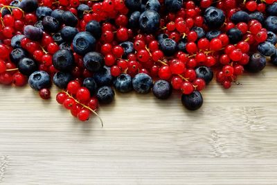 High angle view of strawberries on table