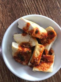 High angle view of food in plate on table