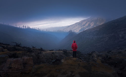 Rear view of woman standing on rock against sky