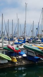 Sailboats moored at harbor against sky