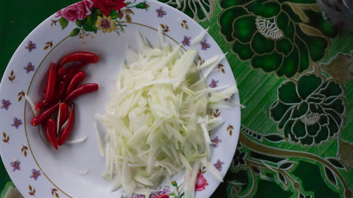 High angle view of vegetables in plate on table