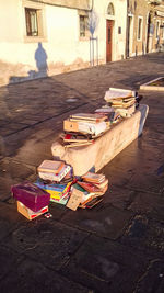 High angle view of books on street