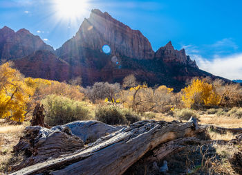Scenic view of mountains against sky during autumn