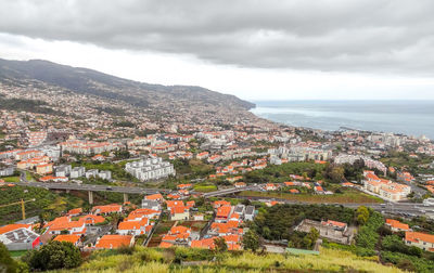 High angle shot of townscape against sky