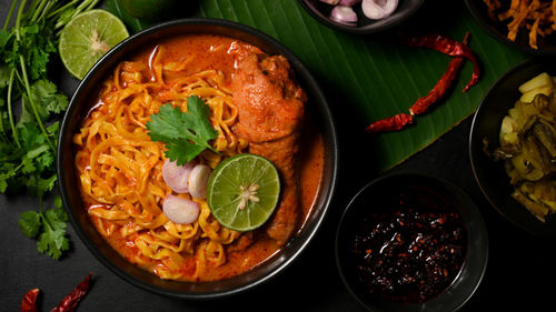 High angle view of food in bowl on table