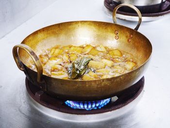 High angle view of meat in cooking pan