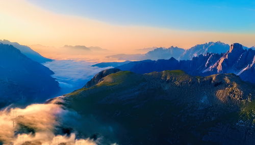 Scenic view of snowcapped mountains against sky during sunset