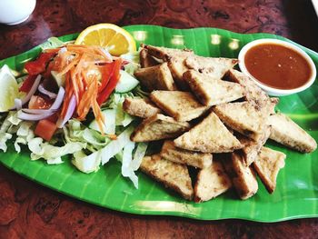 High angle view of food in plate on table