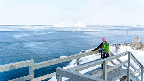 Rear view of woman standing at observation point against sky