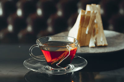 Close-up of tea in glass on table