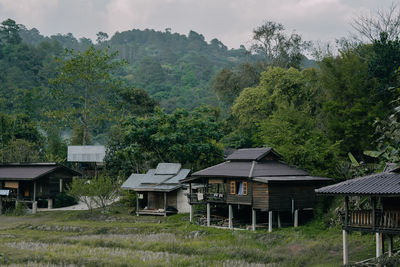 House amidst trees and plants against sky