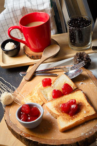 Close-up of breakfast served on table