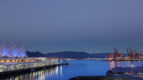 Illuminated commercial dock against clear sky