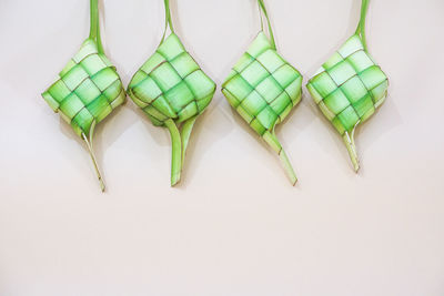 High angle view of multi colored candies against white background